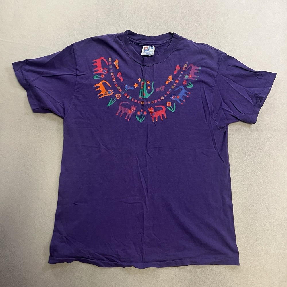 Vintage 1990s Hanes Single Stitch Cat Graphic T-Shirt Adult Size Large Purple
